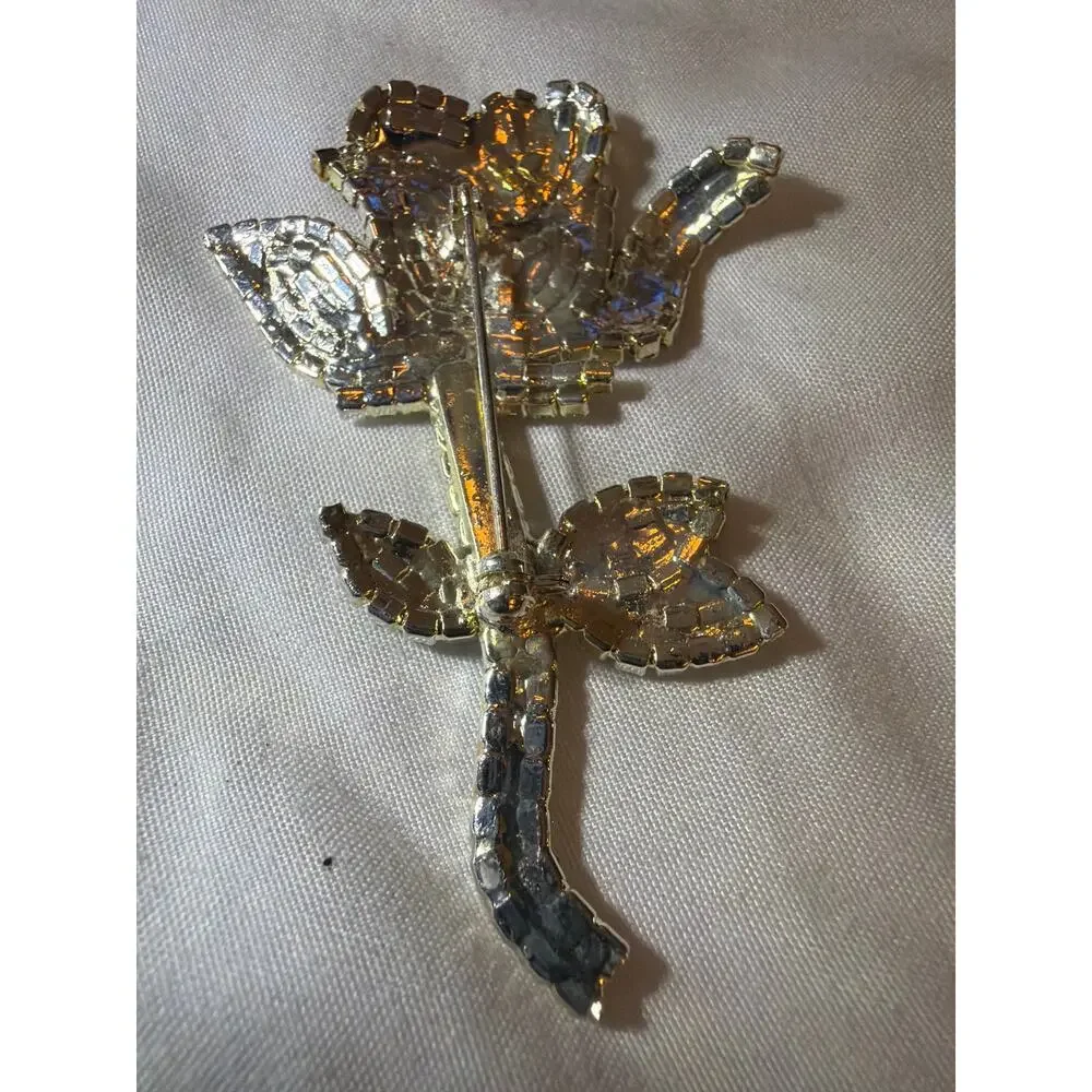 Large Red Rose Brooch Clear Red Green Rhinestones Silver Tone Flower Pin VTG